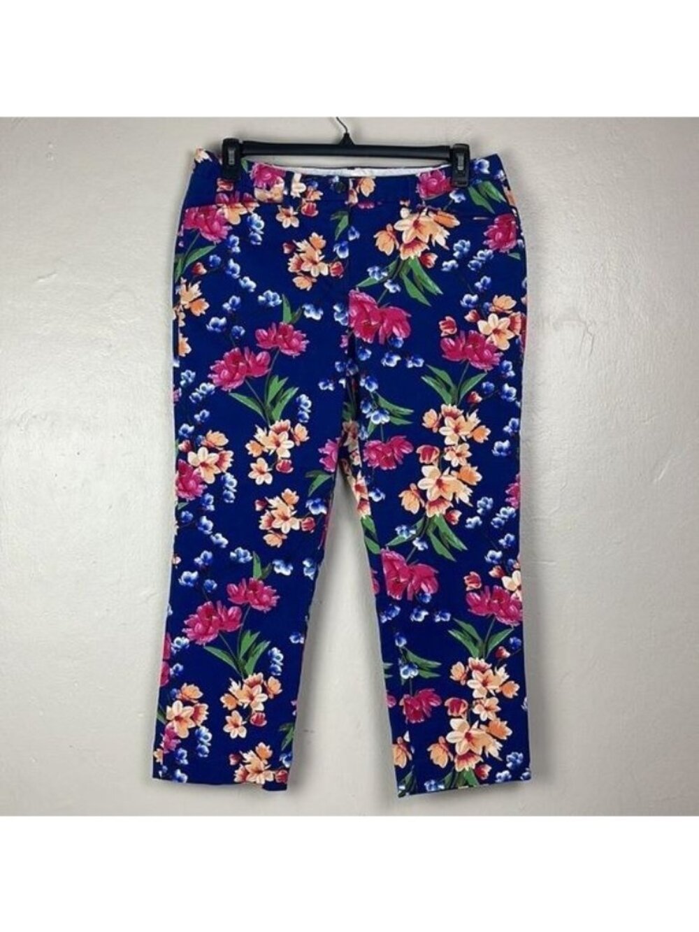 Lands End Hawaiian Floral Crop Pants blue pink 32x25 Women's 12